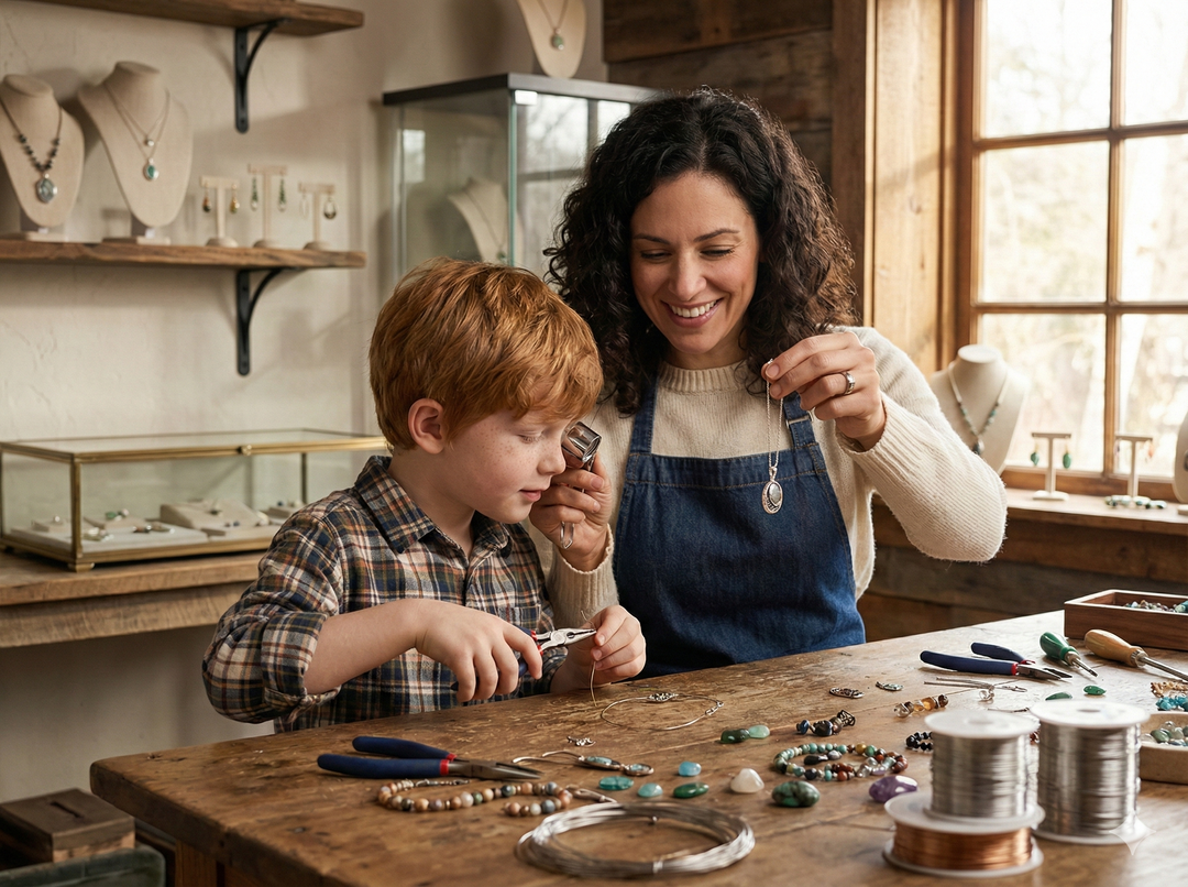 Woman and child working with jewelry materials at a table in a workshop.